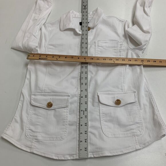 Talbots Button Up Denim Shirt Jacket Womens Petite S Small White Flap Pocket - Picture 6 of 11
